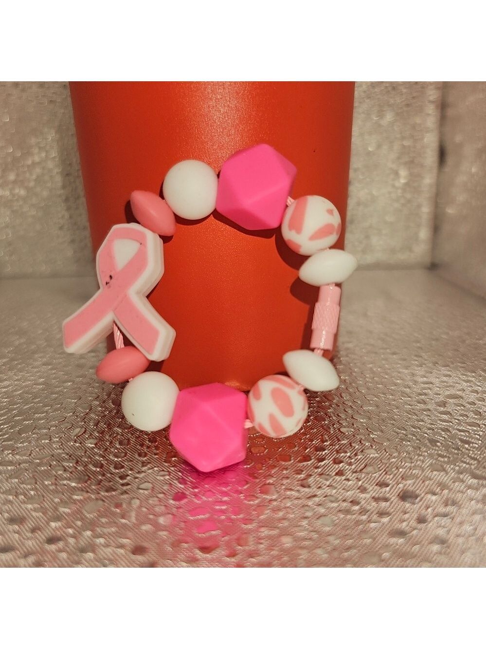 Silicone Tumbler Charms Breast Cancer Pink With Pink & White Beads